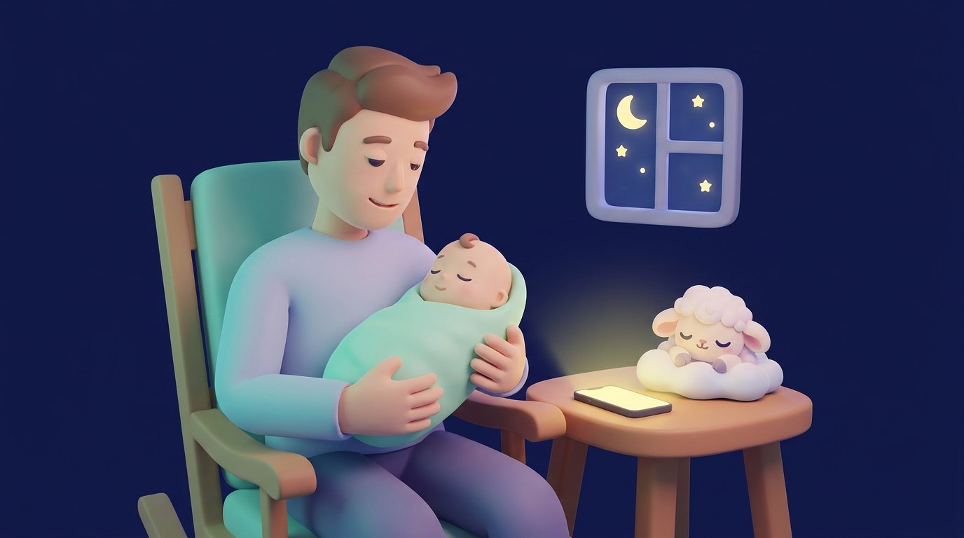 Pai numa cadeira de balanço com o bebê dormindo no colo, à noite